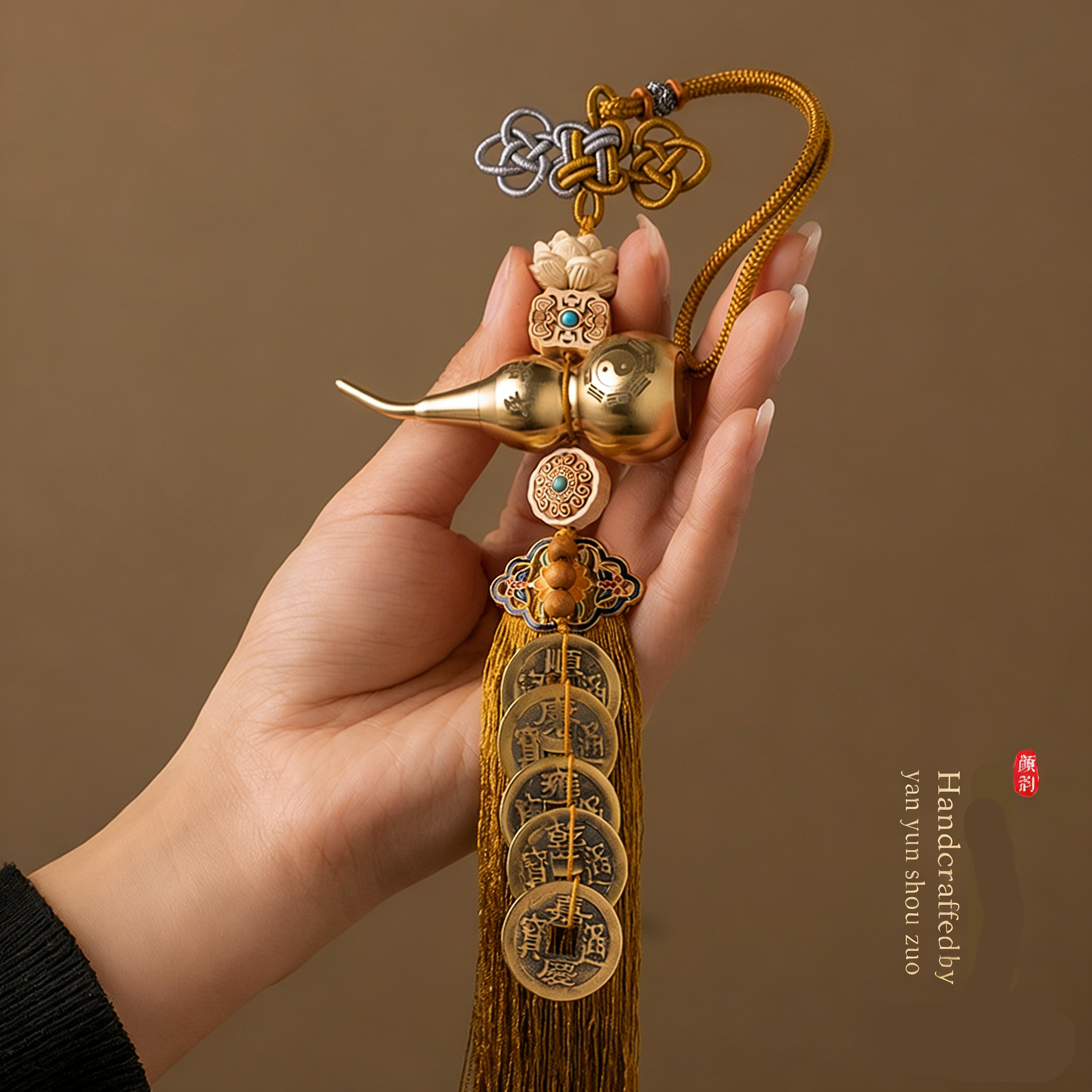 Chinese Taoist gourd pendant jewelry brass peach wood Chinese