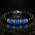Natural black obsidian and blue crackle Liuli bracelet with S925 mantra rings