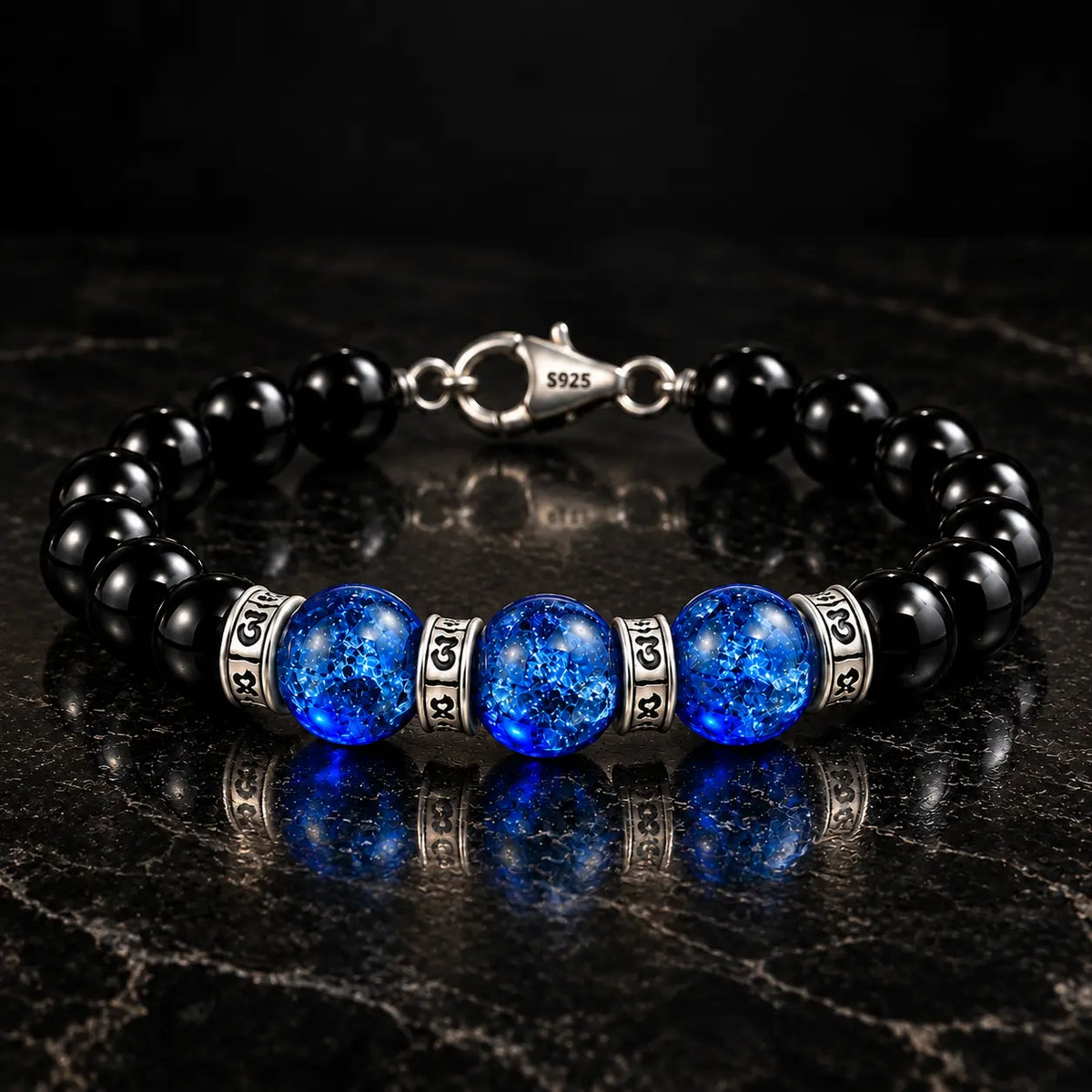 Natural black obsidian and blue crackle Liuli bracelet with S925 mantra rings