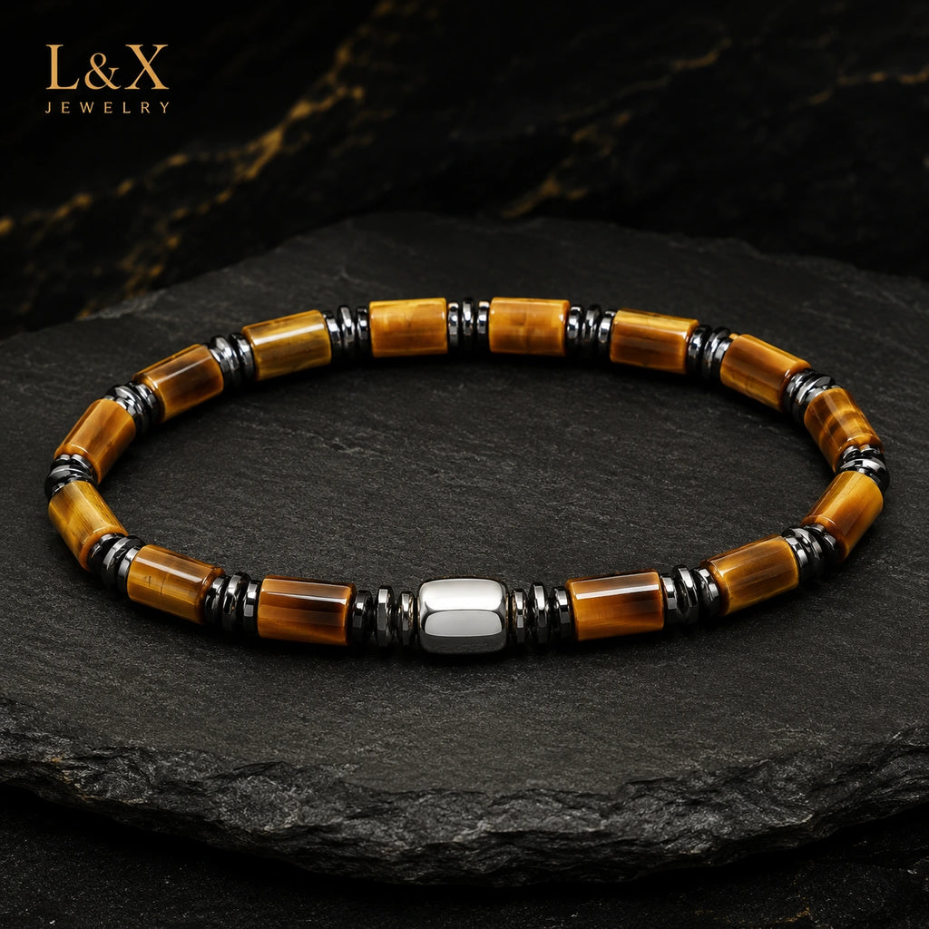 Natural Tiger Eye Bracelet for Men – S925 Sterling Silver & Hematite | Handcrafted by L&X