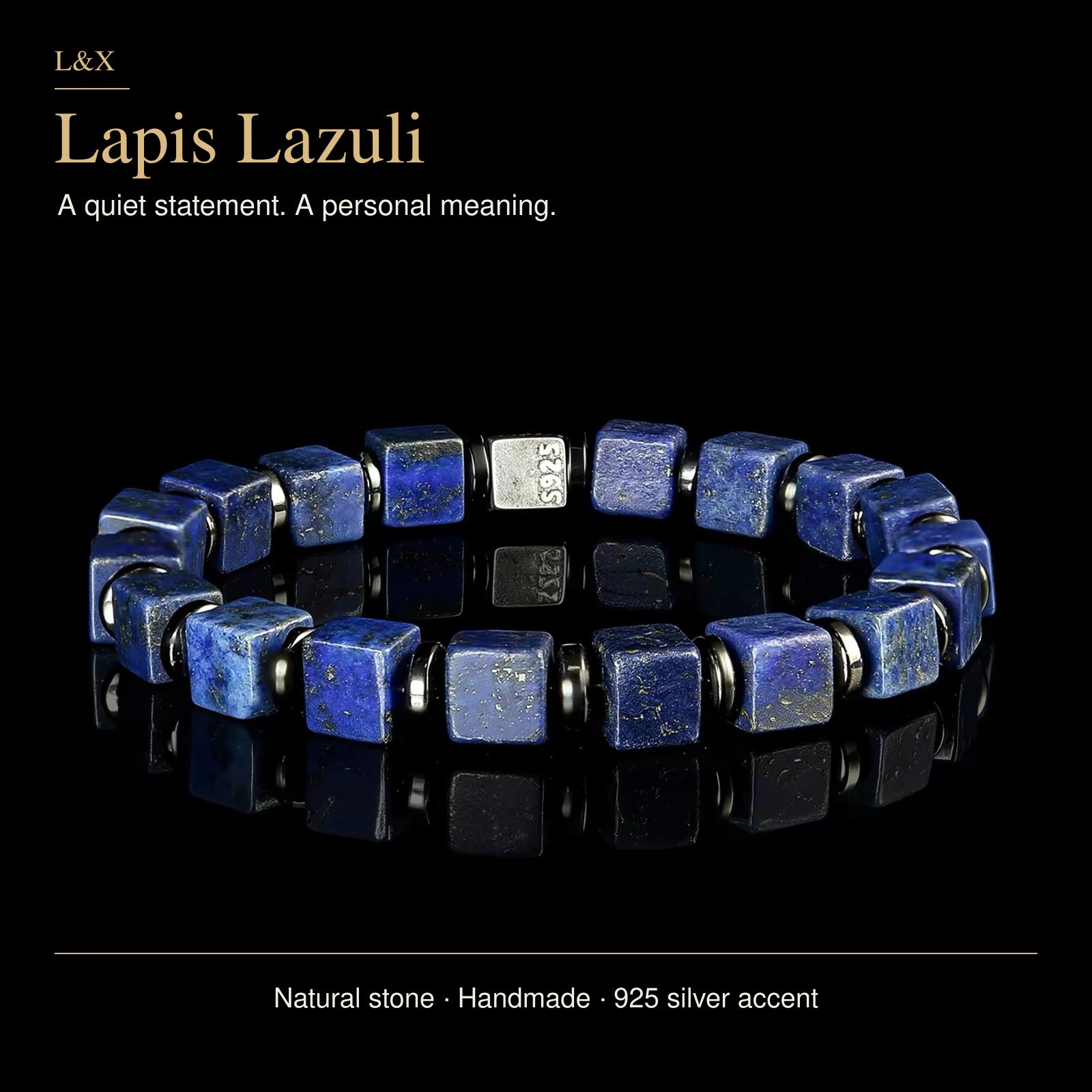 Handmade Natural Lapis Lazuli Bracelet – 6mm Blue Square Beads, Black Stone Spacers & 925 Sterling Silver Accent, 15–21cm Wrist Sizes