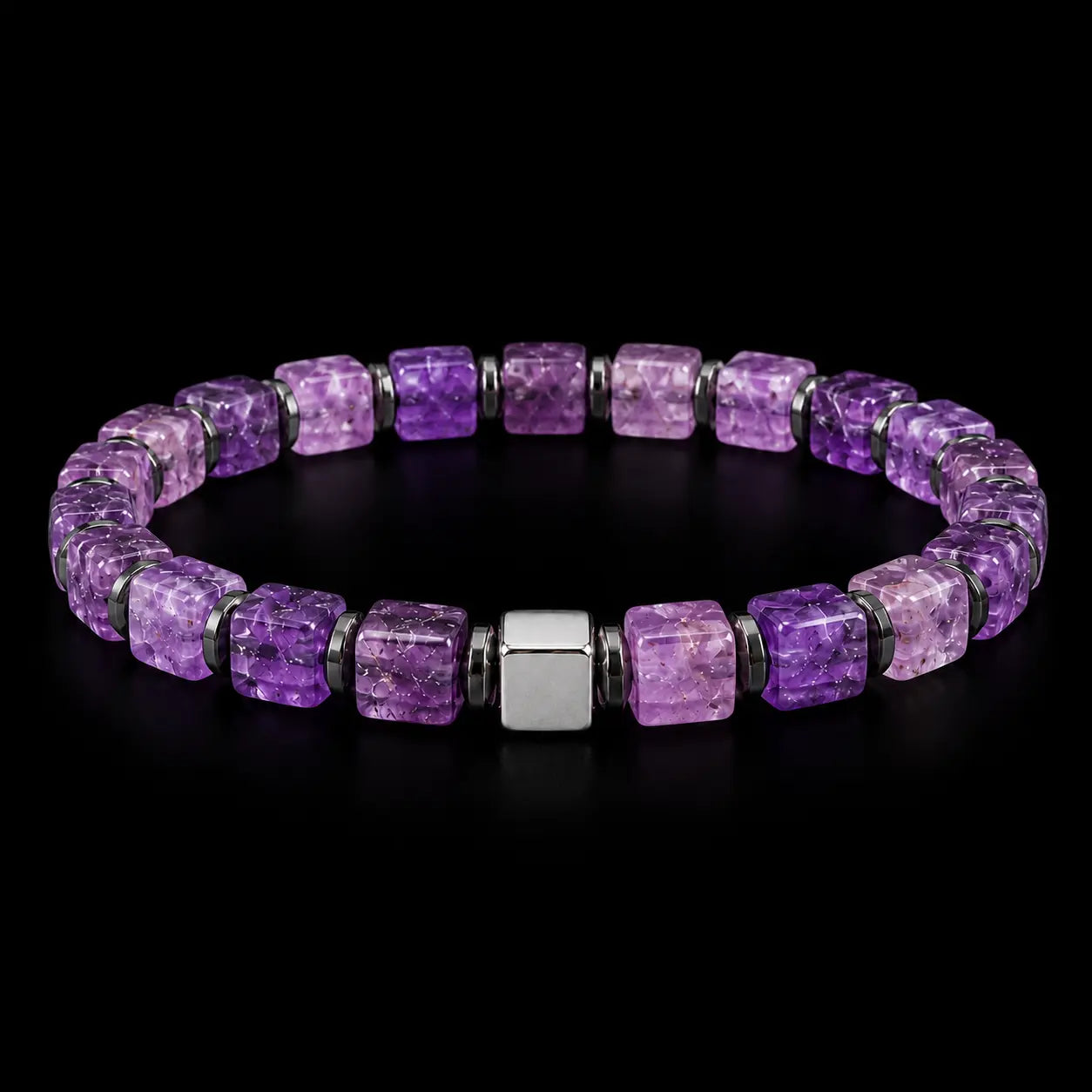 Natural Amethyst Cube Bracelet with Hematite & S925 Silver – 6mm