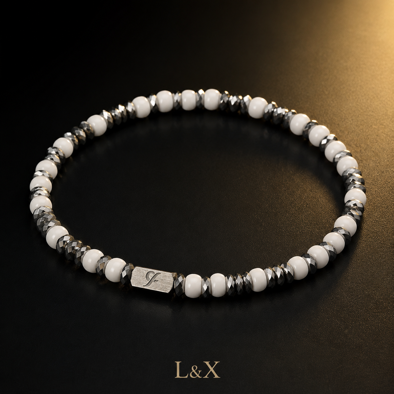 L&X White Glass Bead Bracelet — 4mm Unisex, Silver-Tone Accents