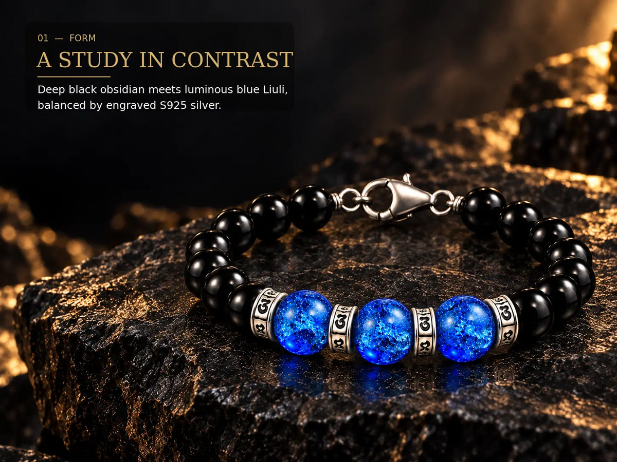 Black obsidian blue Liuli and engraved silver bracelet design