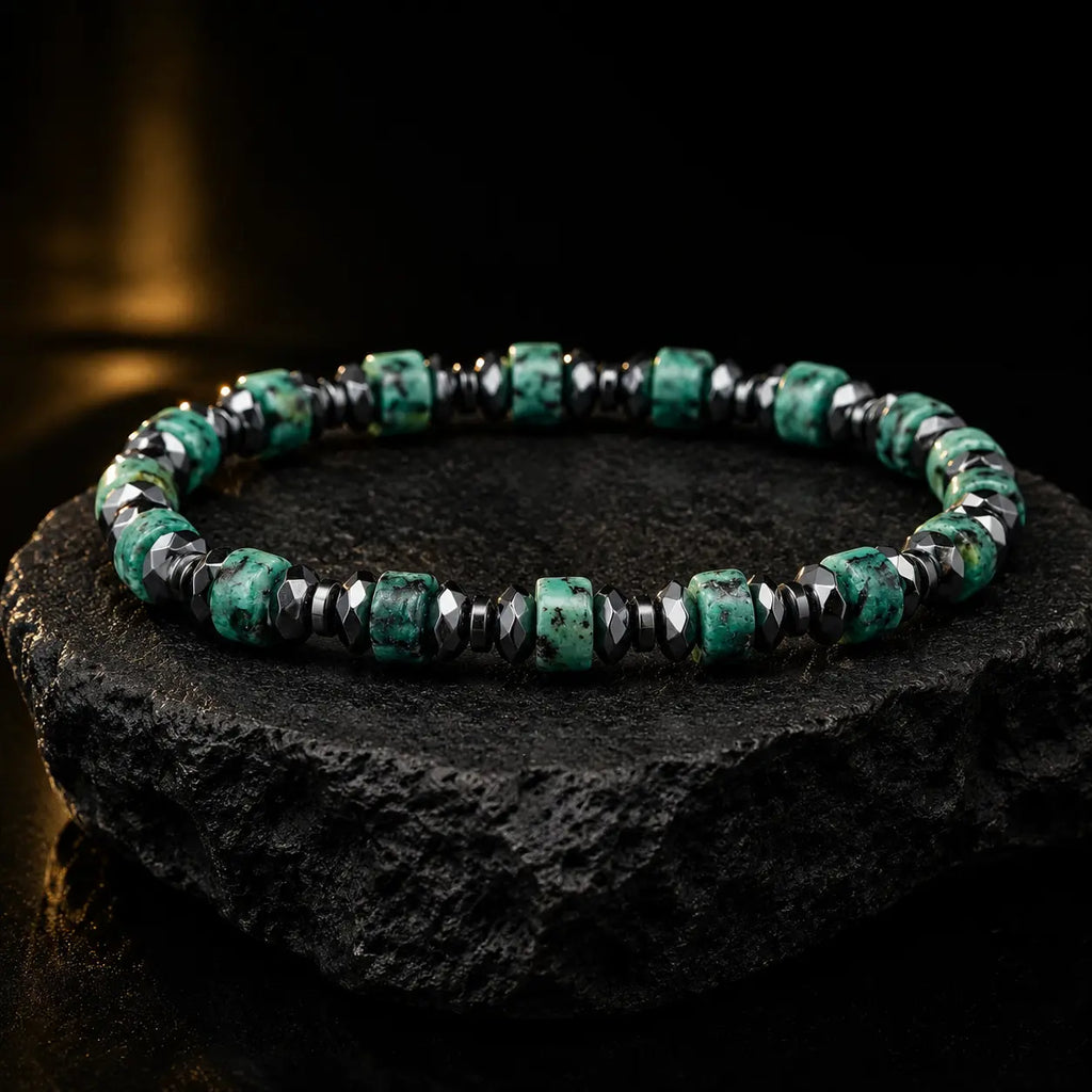 L&X African Turquoise & Hematite Bracelet for Men Women
