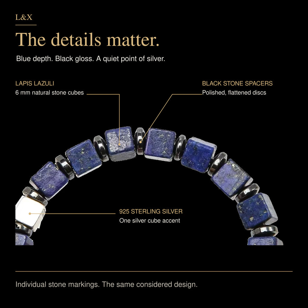 Handmade Natural Lapis Lazuli Bracelet – 6mm Blue Square Beads, Black Stone Spacers & 925 Sterling Silver Accent, 15–21cm Wrist Sizes