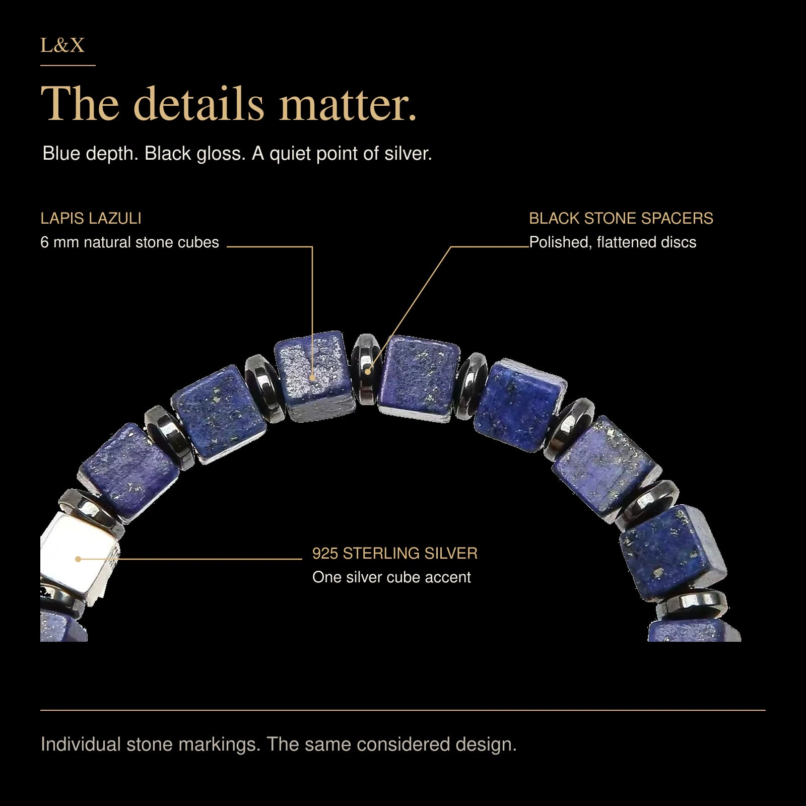 Handmade Natural Lapis Lazuli Bracelet – 6mm Blue Square Beads, Black Stone Spacers & 925 Sterling Silver Accent, 15–21cm Wrist Sizes
