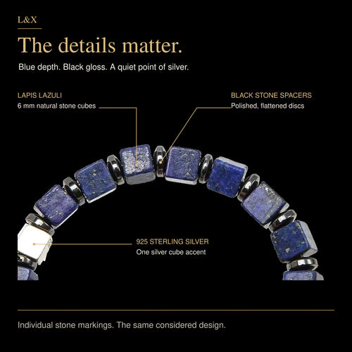 Handmade Natural Lapis Lazuli Bracelet – 6mm Blue Square Beads, Black Stone Spacers & 925 Sterling Silver Accent, 15–21cm Wrist Sizes