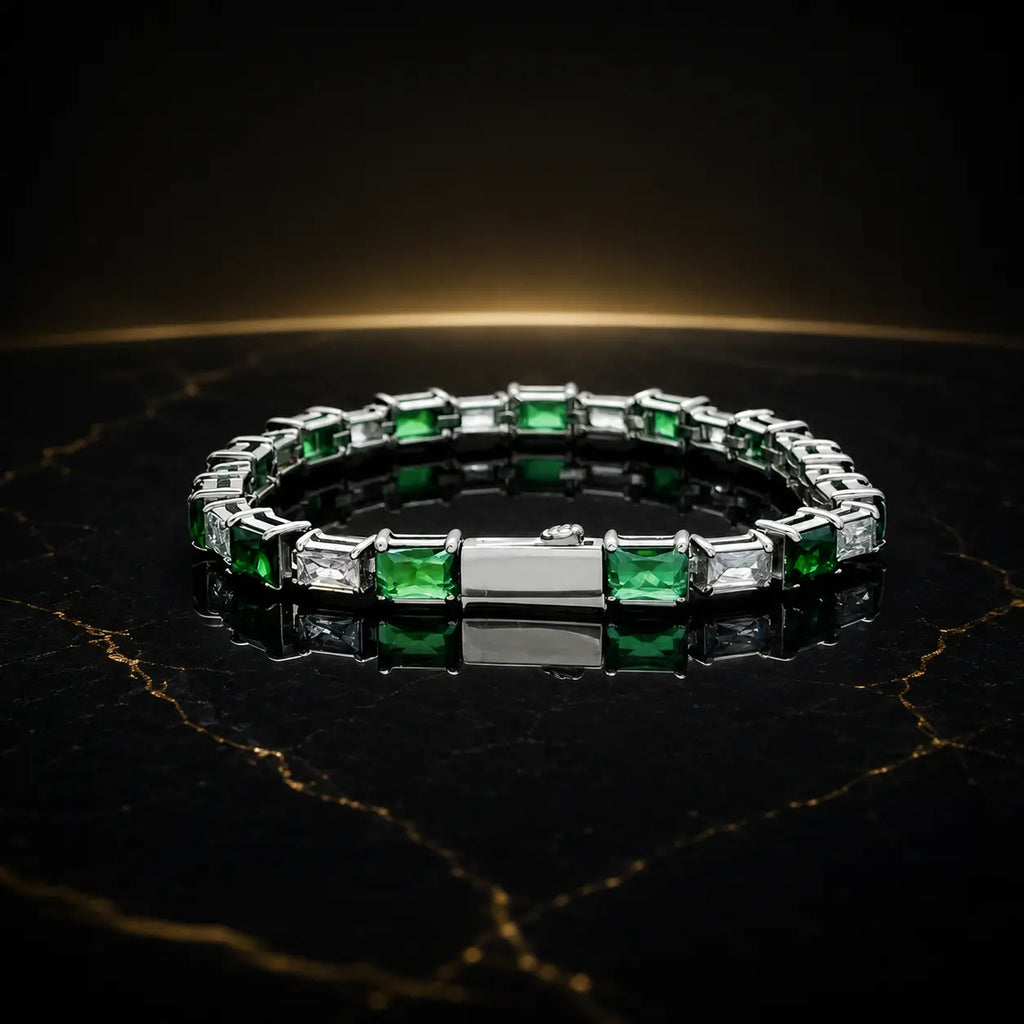 Men’s Green & White Cubic Zirconia Tennis Bracelet – Hand-Finished Titanium Steel