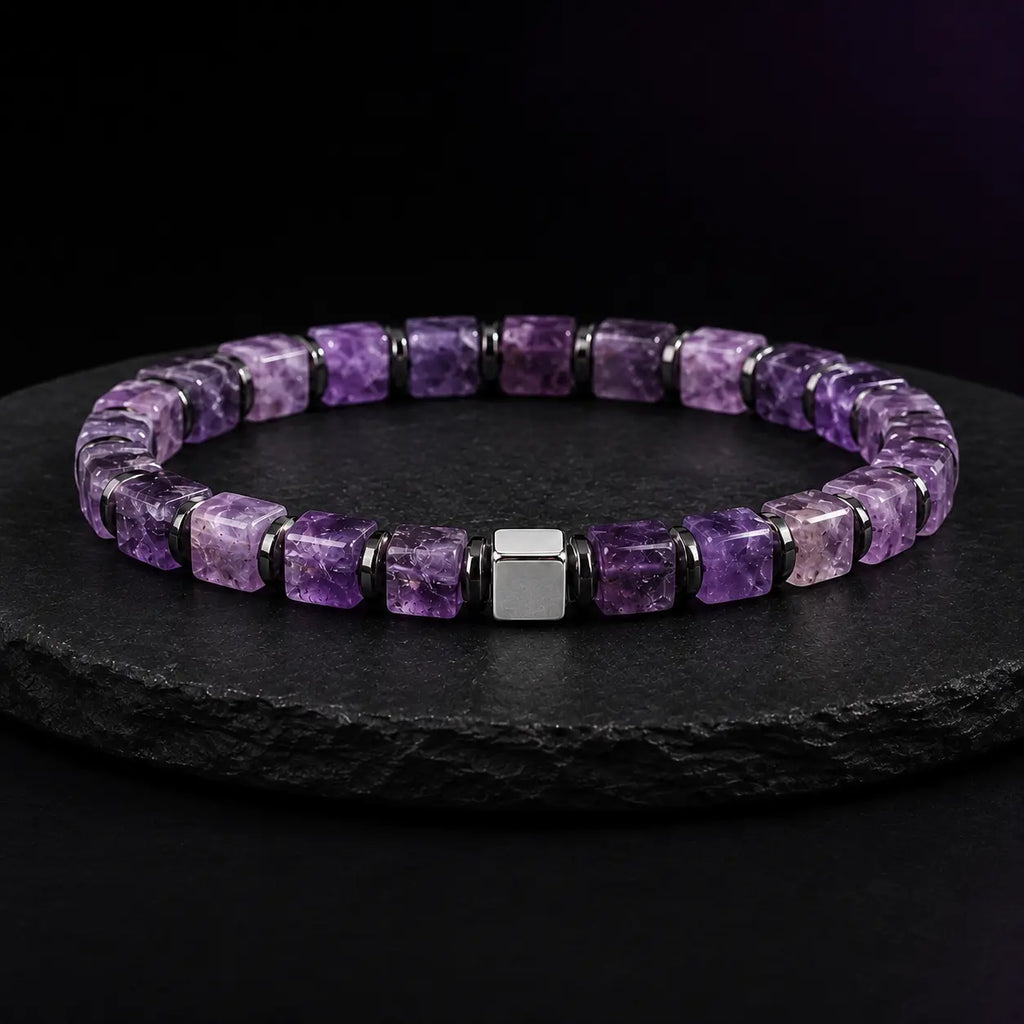 Natural Amethyst Cube Bracelet with Hematite & S925 Silver – 6mm