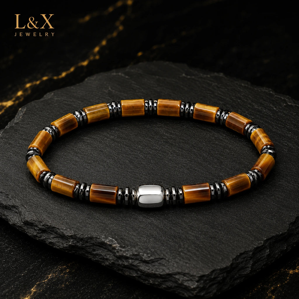 Natural Tiger Eye Bracelet for Men – S925 Sterling Silver & Hematite | Handcrafted by L&X
