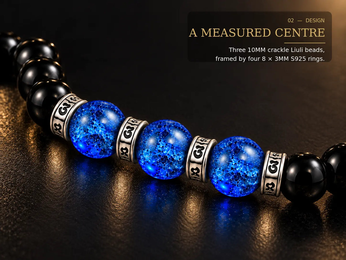 Three 10MM Liuli beads and four S925 mantra rings