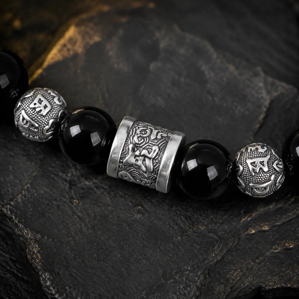 lack Obsidian Bracelet for Men – 999 Silver Six-Word Mantra