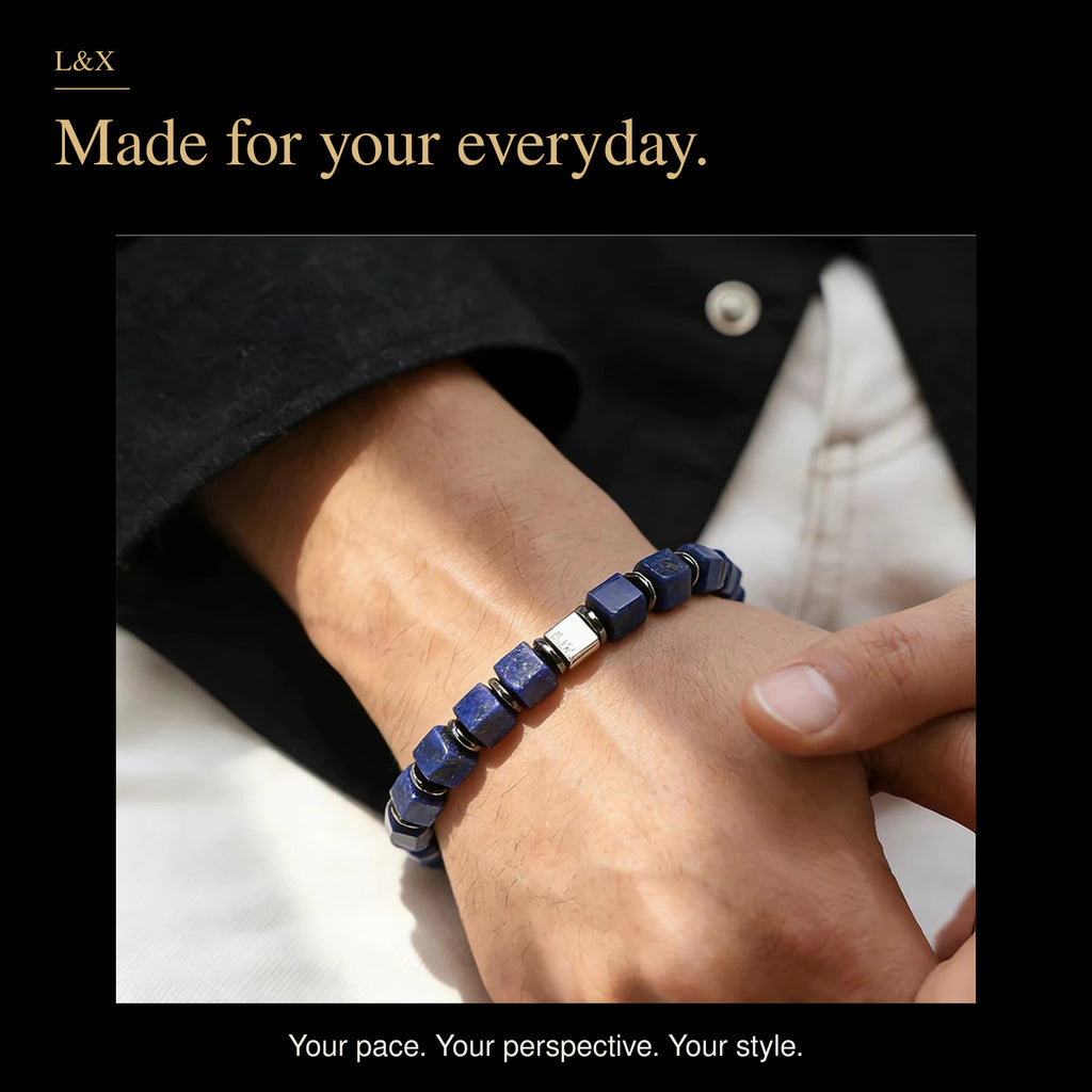 Handmade Natural Lapis Lazuli Bracelet – 6mm Blue Square Beads, Black Stone Spacers & 925 Sterling Silver Accent, 15–21cm Wrist Sizes