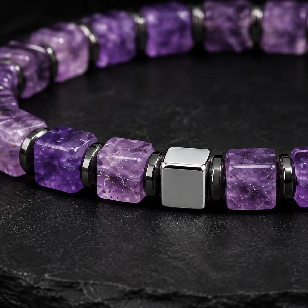 Natural Amethyst Cube Bracelet with Hematite & S925 Silver – 6mm