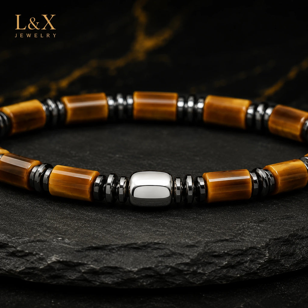 Natural Tiger Eye Bracelet for Men – S925 Sterling Silver & Hematite | Handcrafted by L&X
