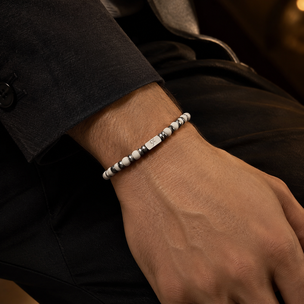 L&X White Glass Bead Bracelet — 4mm Unisex, Silver-Tone Accents