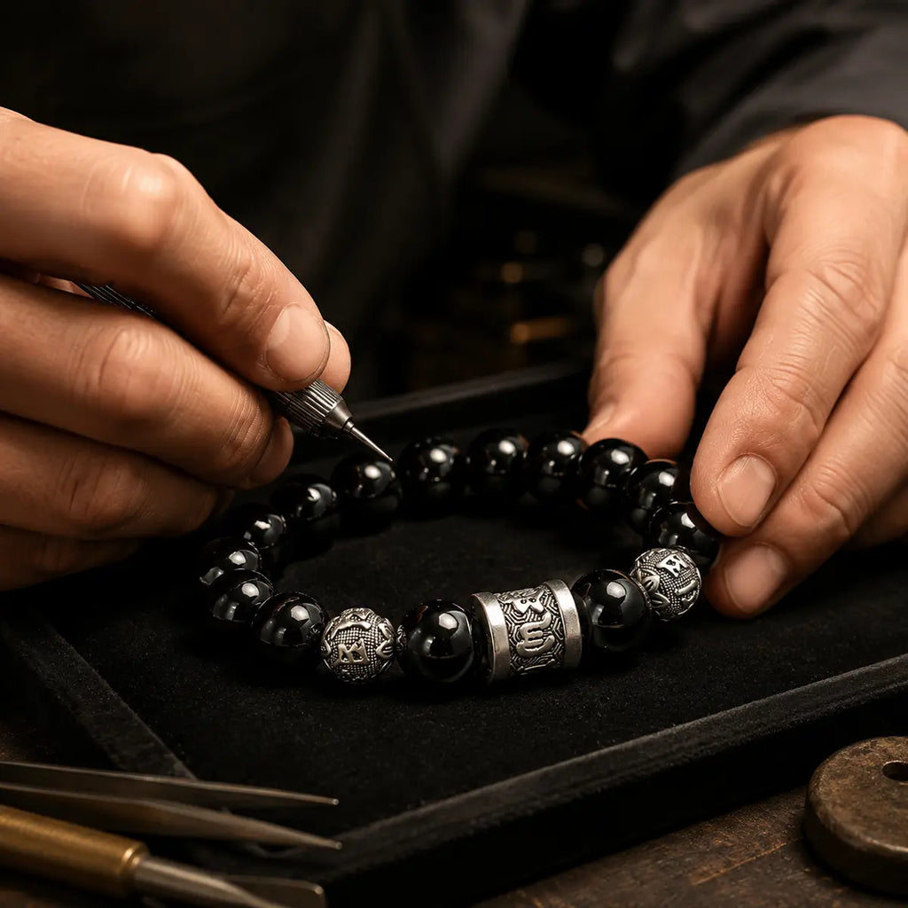 lack Obsidian Bracelet for Men – 999 Silver Six-Word Mantra