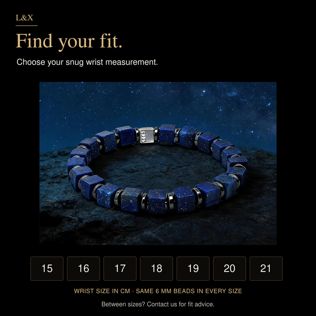 Handmade Natural Lapis Lazuli Bracelet – 6mm Blue Square Beads, Black Stone Spacers & 925 Sterling Silver Accent, 15–21cm Wrist Sizes