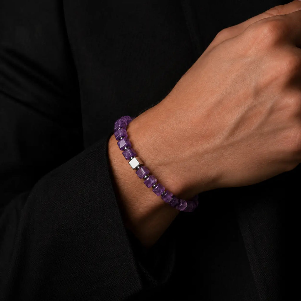 Natural Amethyst Cube Bracelet with Hematite & S925 Silver – 6mm