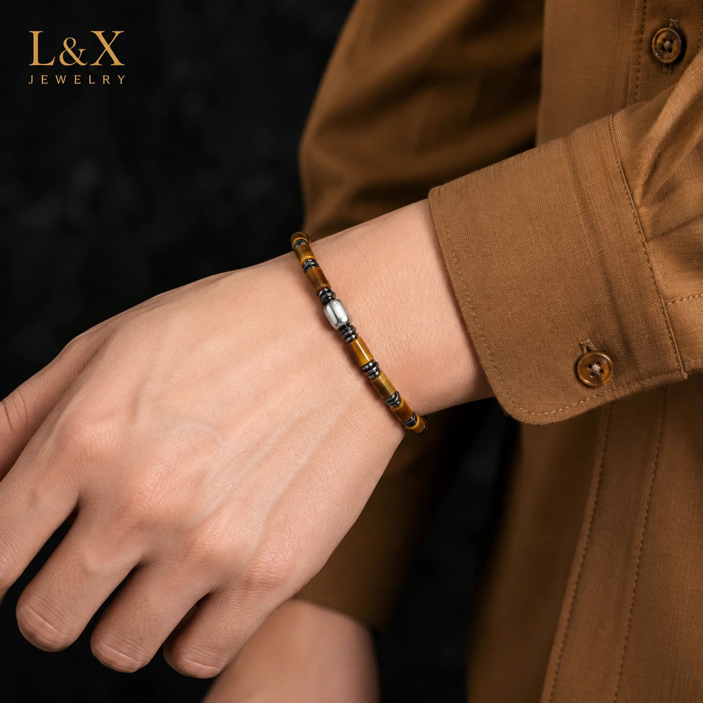 Natural Tiger Eye Bracelet for Men – S925 Sterling Silver & Hematite | Handcrafted by L&X