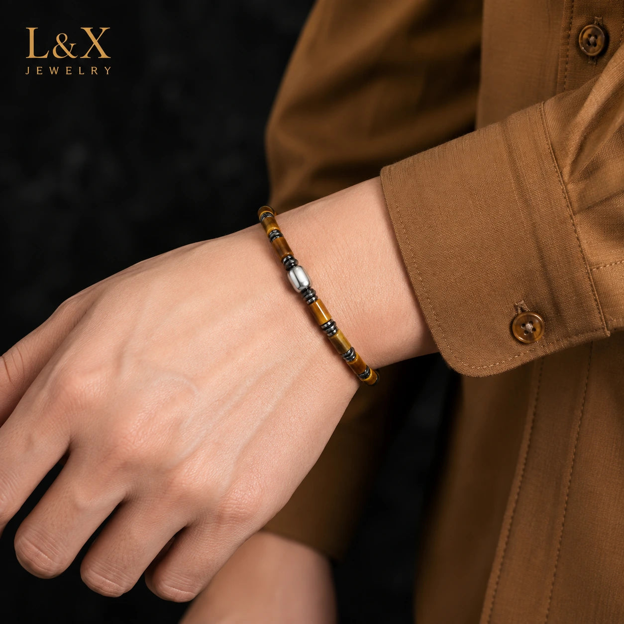 Natural Tiger Eye Bracelet for Men – S925 Sterling Silver & Hematite | Handcrafted by L&X