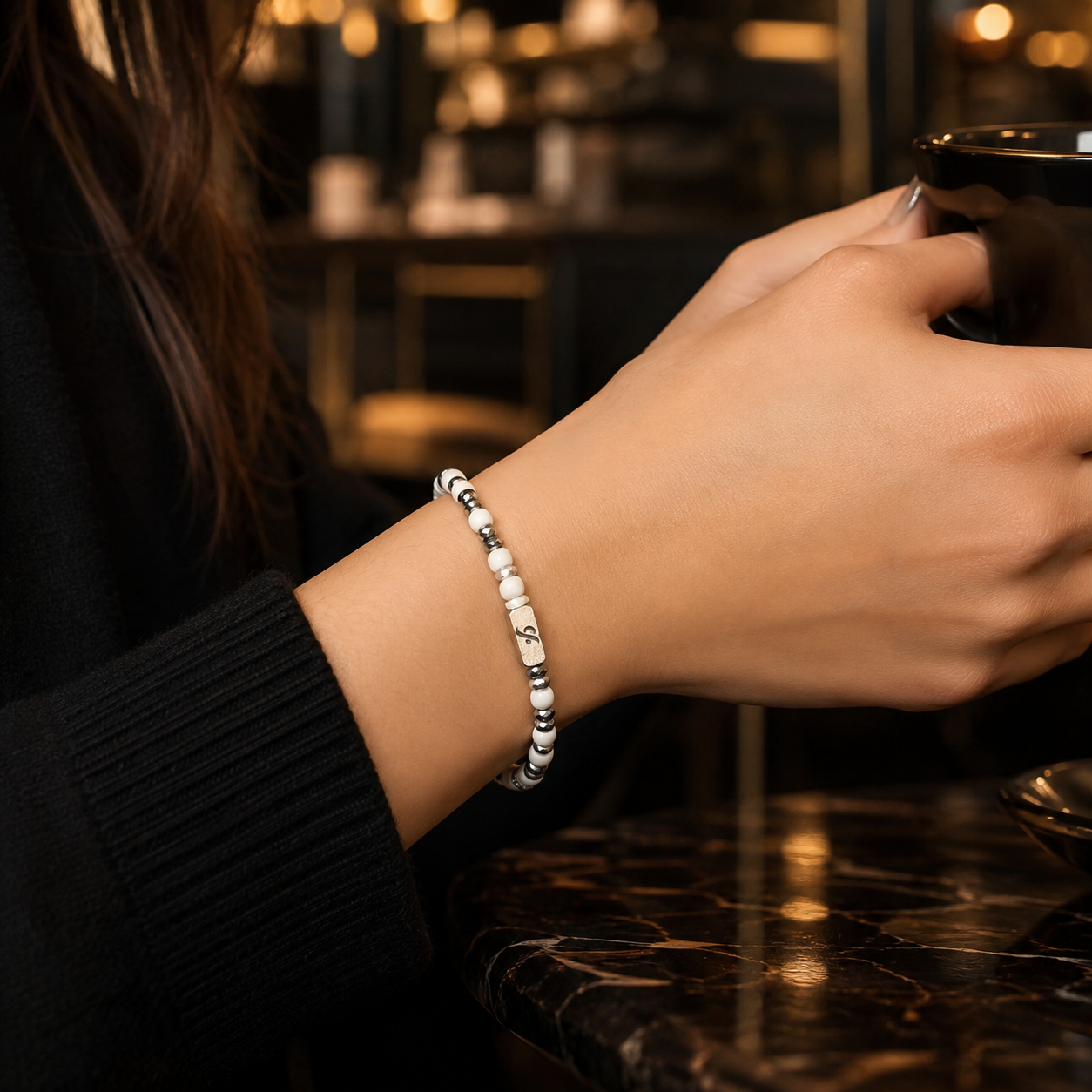 L&X White Glass Bead Bracelet — 4mm Unisex, Silver-Tone Accents