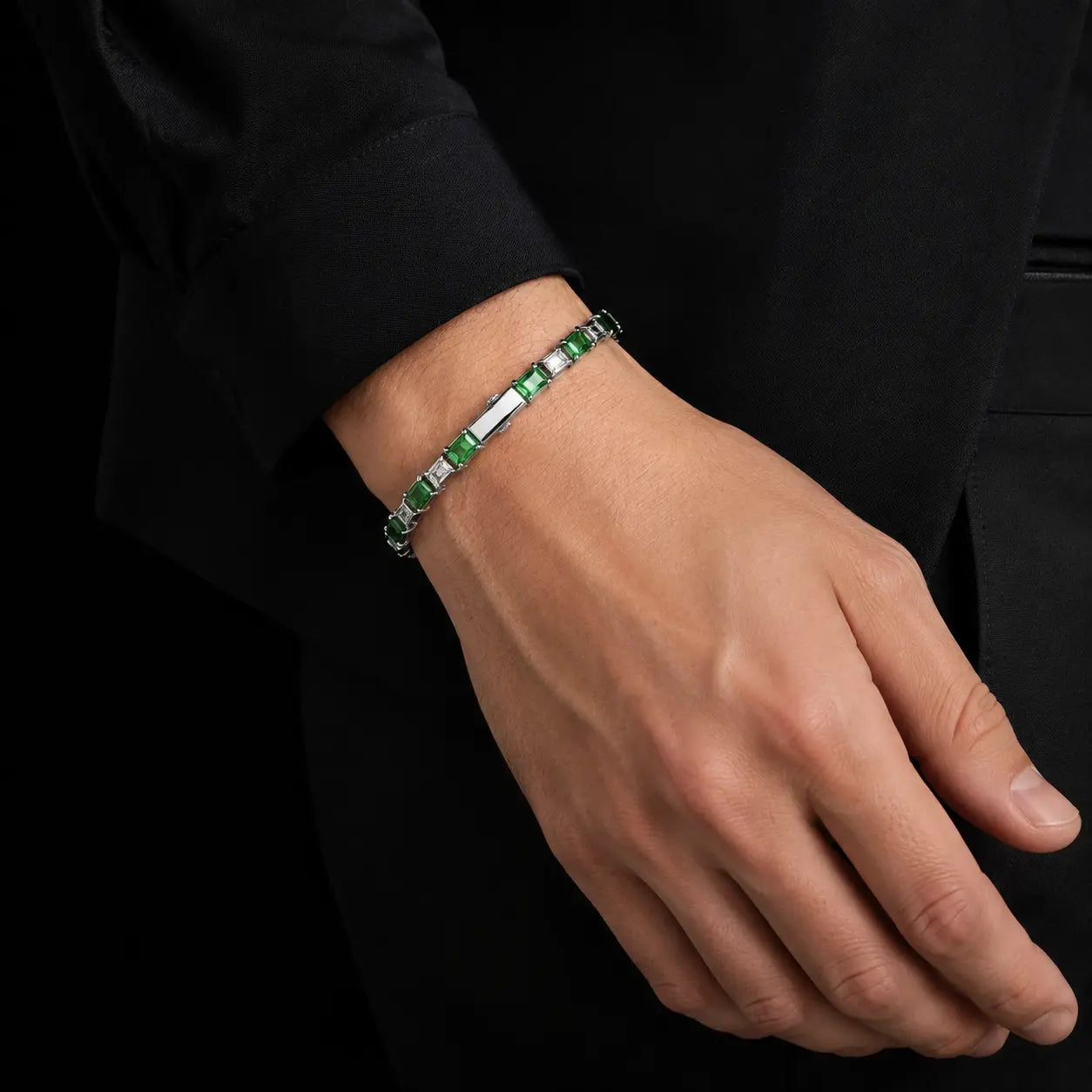 Men’s Green & White Cubic Zirconia Tennis Bracelet – Hand-Finished Titanium Steel