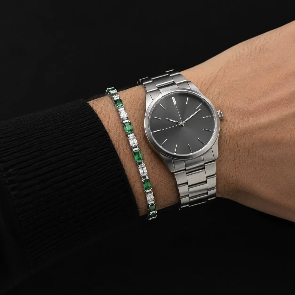 Men’s Green & White Cubic Zirconia Tennis Bracelet – Hand-Finished Titanium Steel