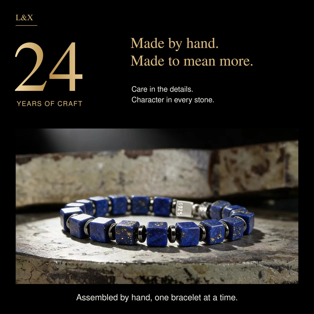Handmade Natural Lapis Lazuli Bracelet – 6mm Blue Square Beads, Black Stone Spacers & 925 Sterling Silver Accent, 15–21cm Wrist Sizes