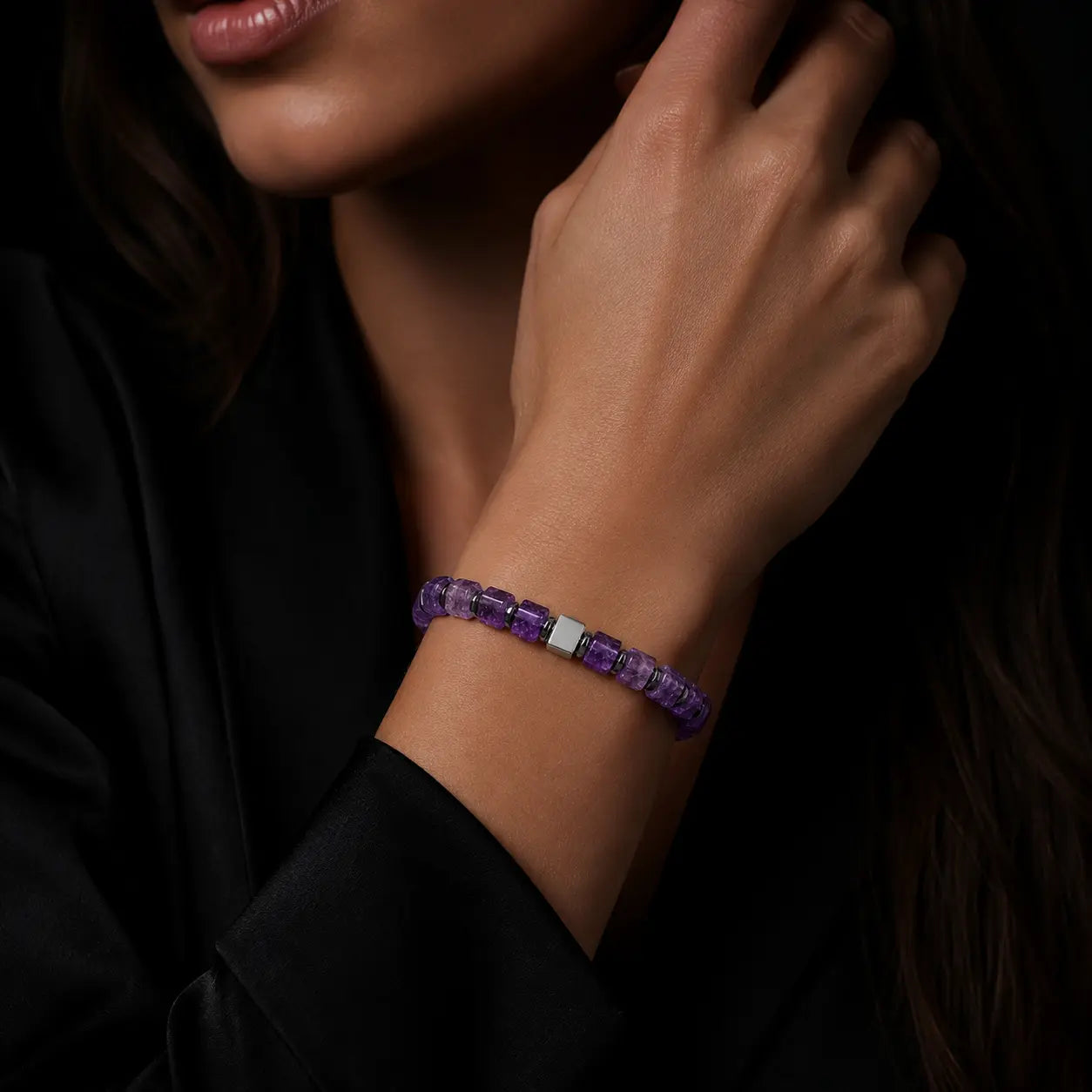 Natural Amethyst Cube Bracelet with Hematite & S925 Silver – 6mm