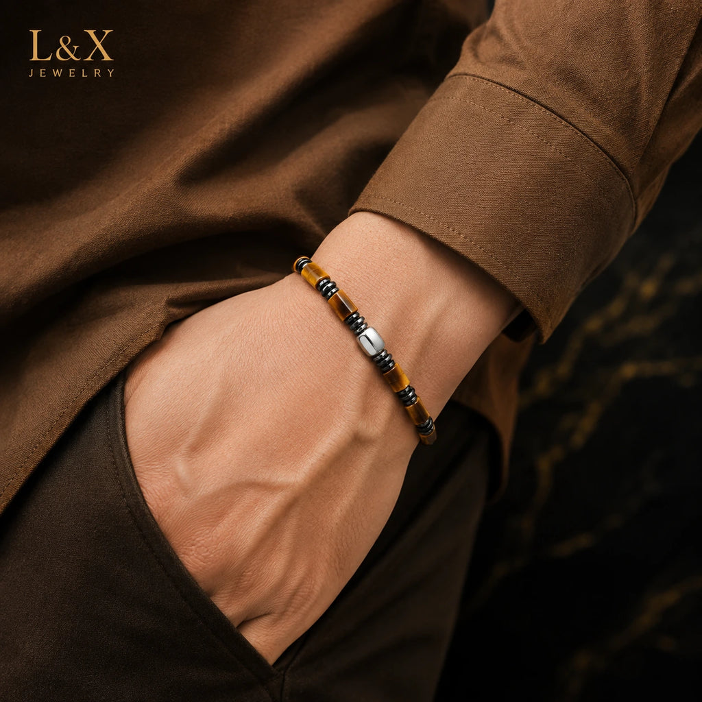 Natural Tiger Eye Bracelet for Men – S925 Sterling Silver & Hematite | Handcrafted by L&X