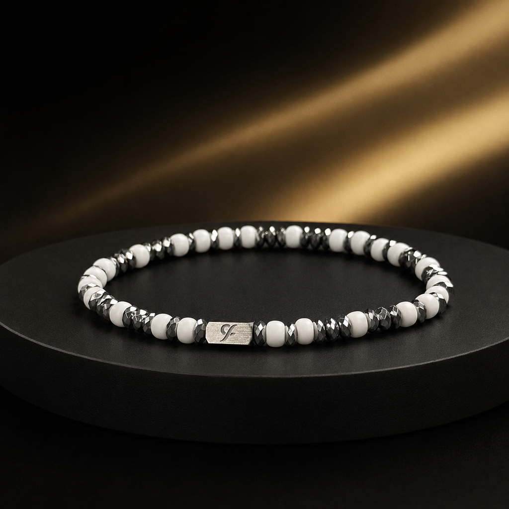 L&X White Glass Bead Bracelet — 4mm Unisex, Silver-Tone Accents