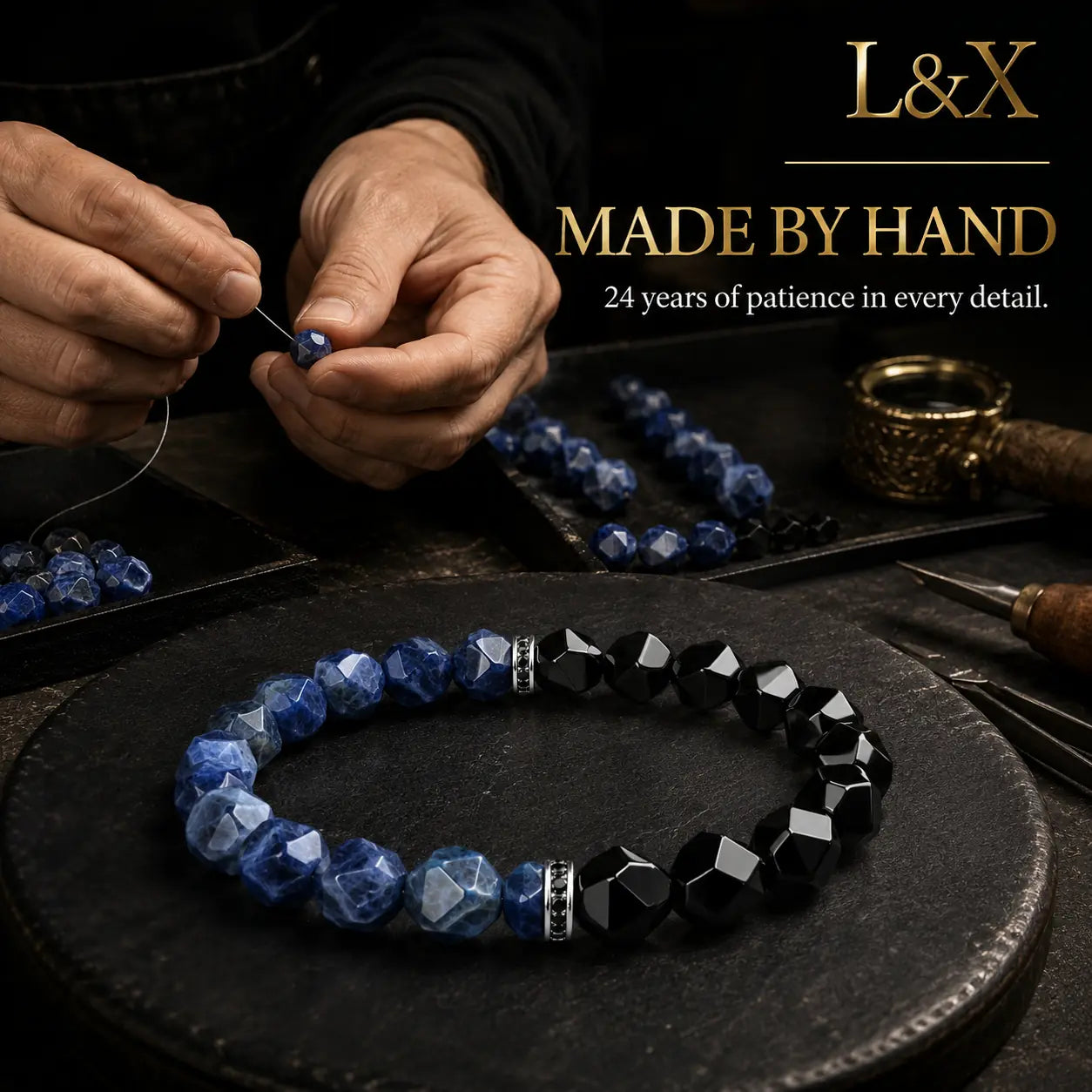 Men Women Black Agate & Sodalite Lucky Reel Bracelet