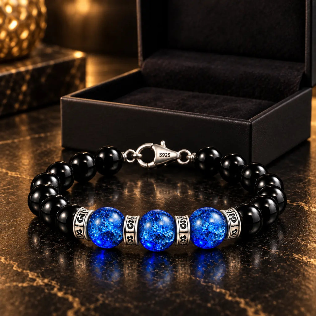 Black obsidian and blue Liuli bracelet with gift box