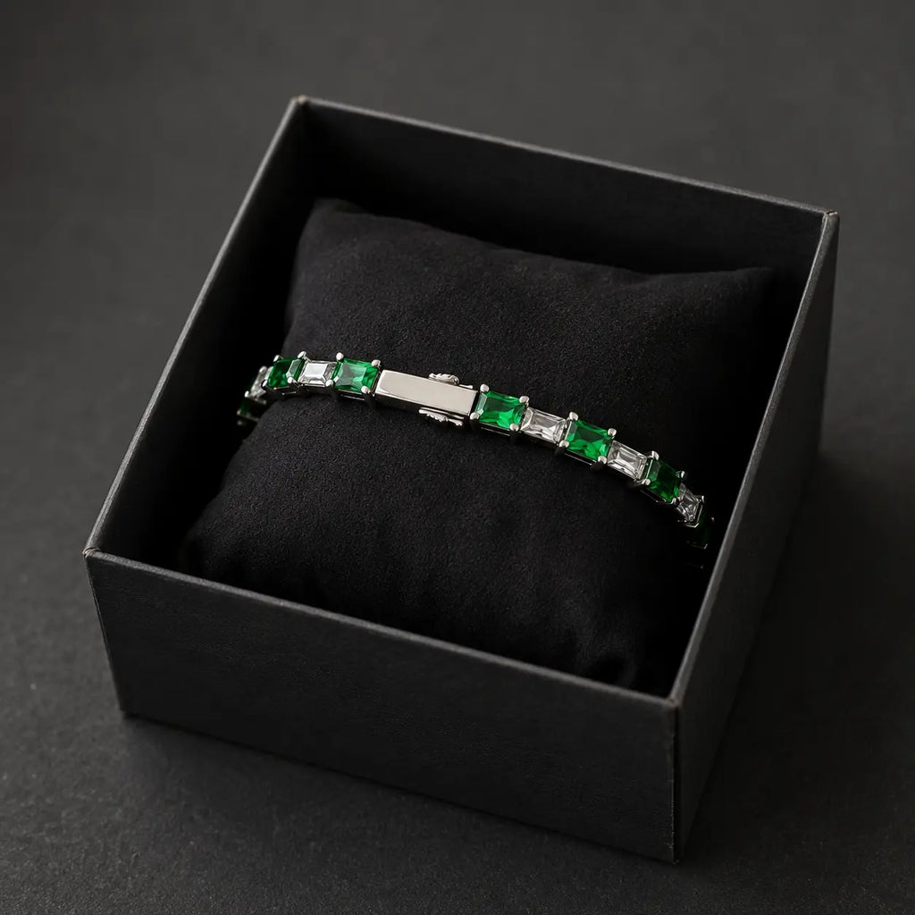 Men’s Green & White Cubic Zirconia Tennis Bracelet – Hand-Finished Titanium Steel