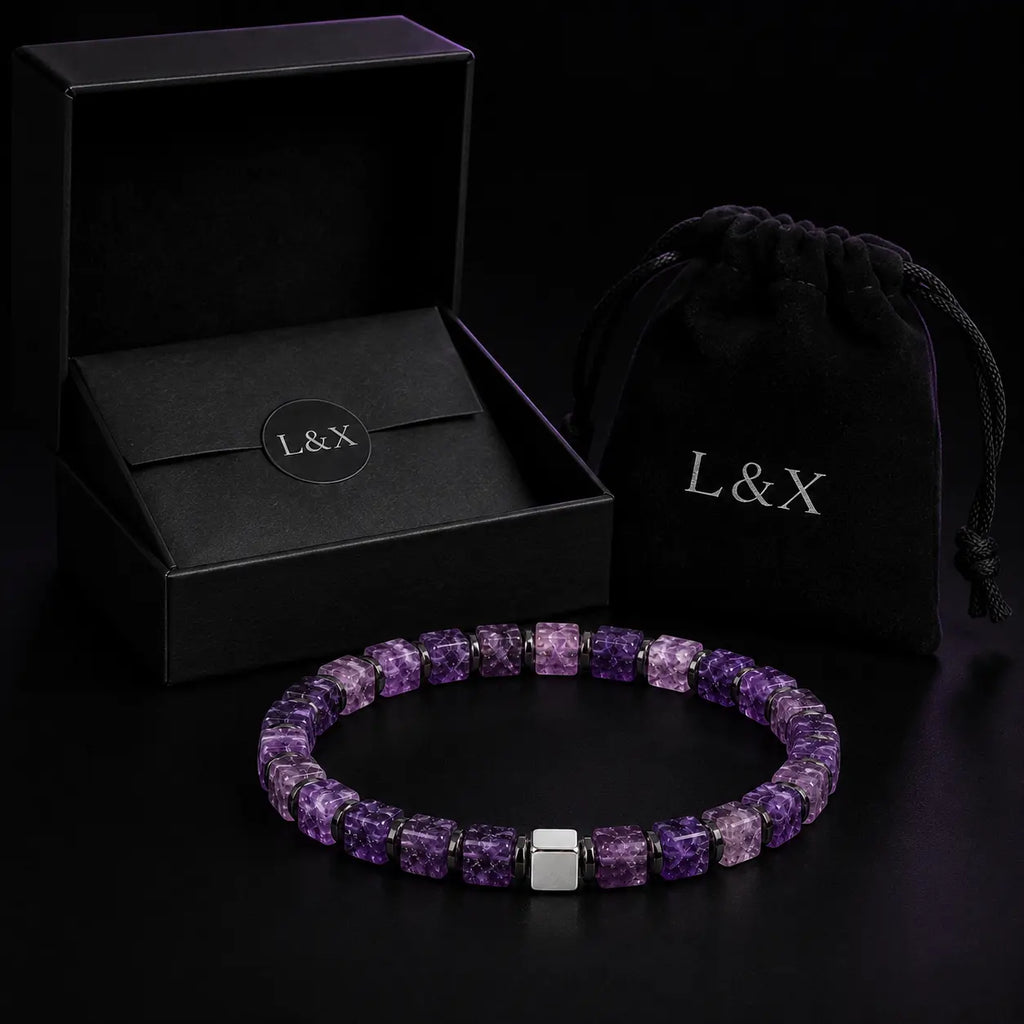 Natural Amethyst Cube Bracelet with Hematite & S925 Silver – 6mm
