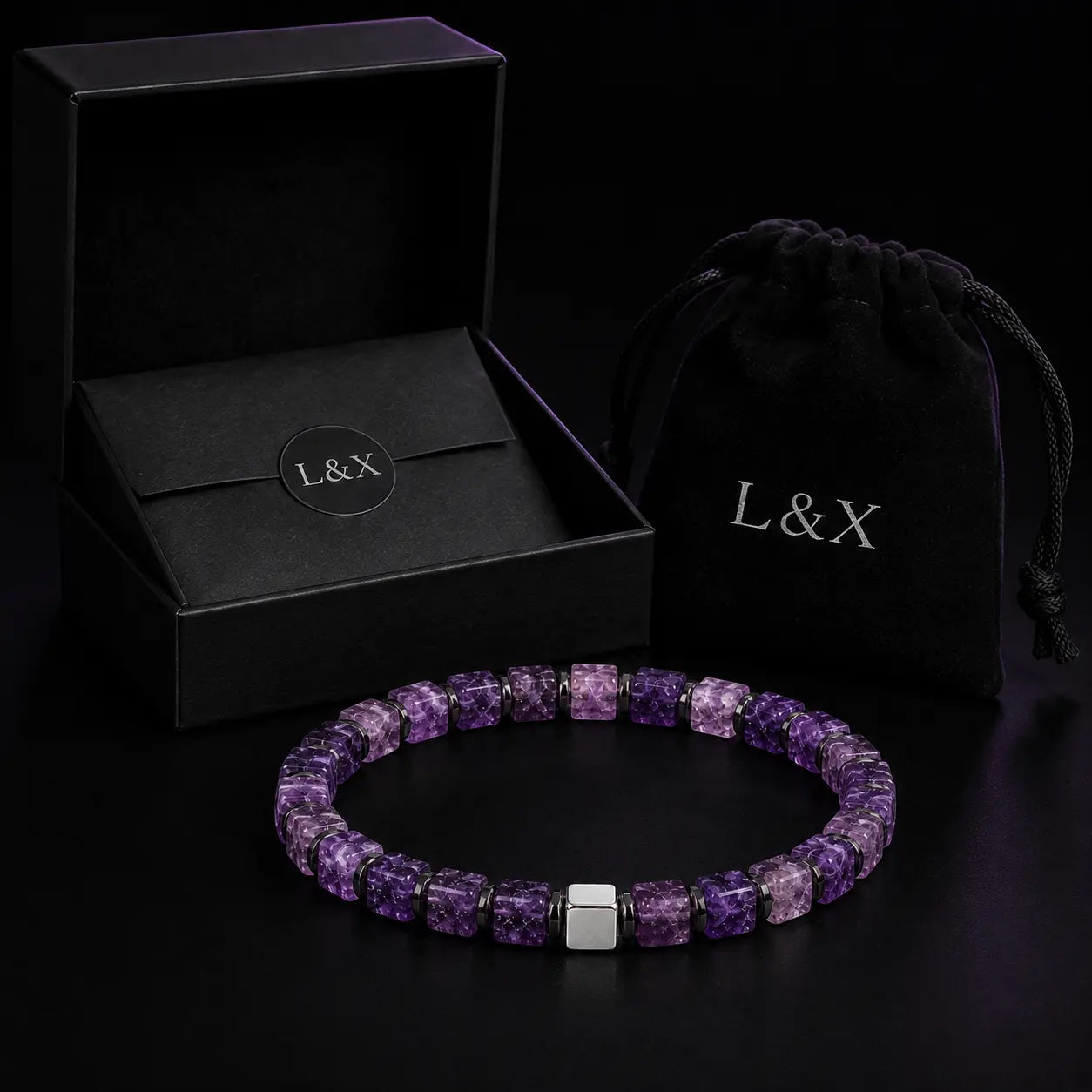 Natural Amethyst Cube Bracelet with Hematite & S925 Silver – 6mm