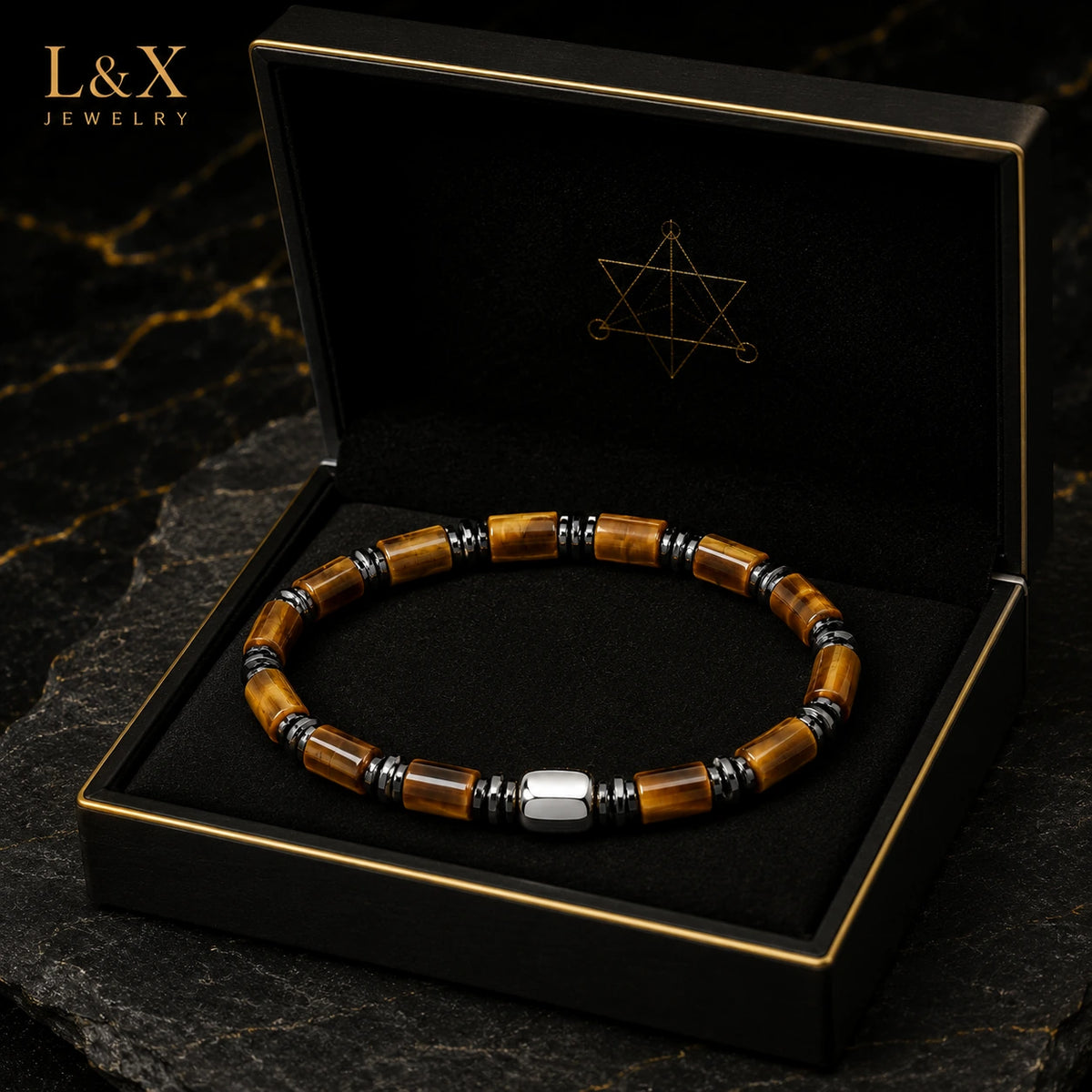 L&X Natural Tiger Eye, Hematite & S925 Silver Bracelet