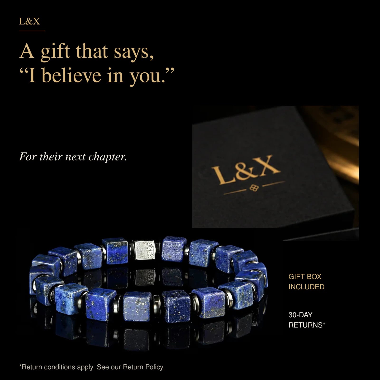 Handmade Natural Lapis Lazuli Bracelet – 6mm Blue Square Beads, Black Stone Spacers & 925 Sterling Silver Accent, 15–21cm Wrist Sizes