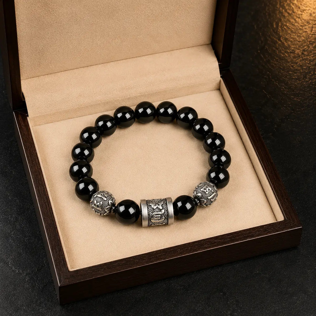 lack Obsidian Bracelet for Men – 999 Silver Six-Word Mantra