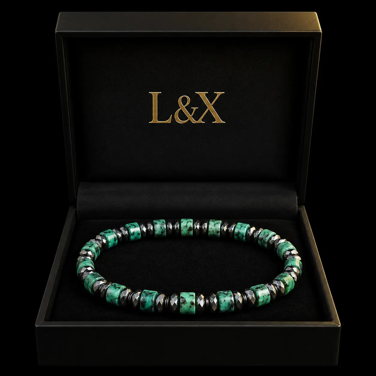 L&X African Turquoise & Hematite Bracelet for Men Women