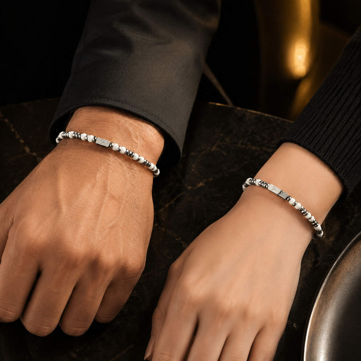 L&X White Glass Bead Bracelet — 4mm Unisex, Silver-Tone Accents