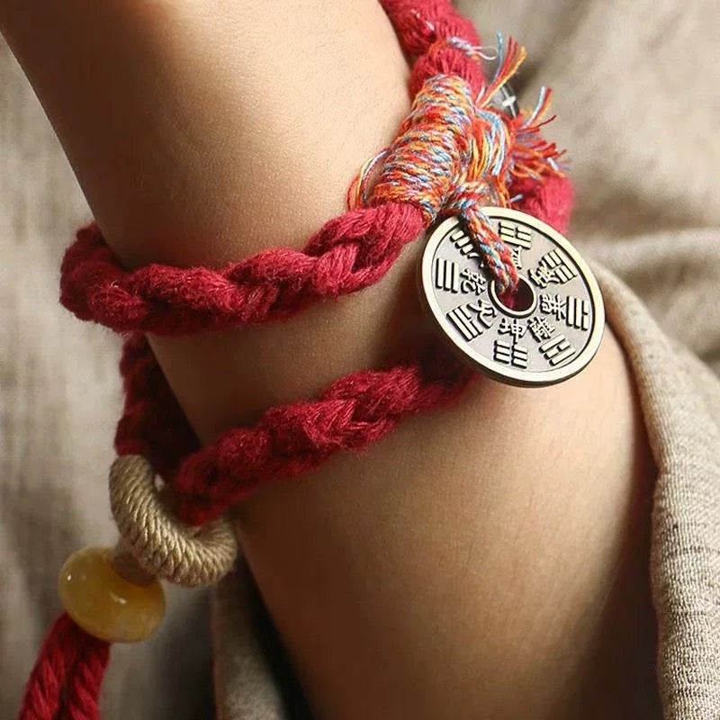 Chinese Lucky Bracelet Longhushan Taoist Coin Bracelet with Ghost Coin Handmade Red String Blessing Lucky Bracelet