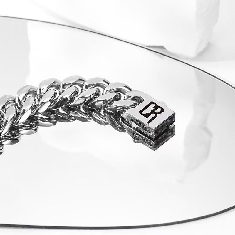 L&X Cuban Titanium Steel Bracelet, Square Byzantine Silver Fashion Chain Bracelet for men women