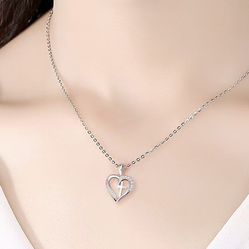 Diamond Heart Necklace, S925 Sterling Silver Heart  Love Necklace for Women Gift