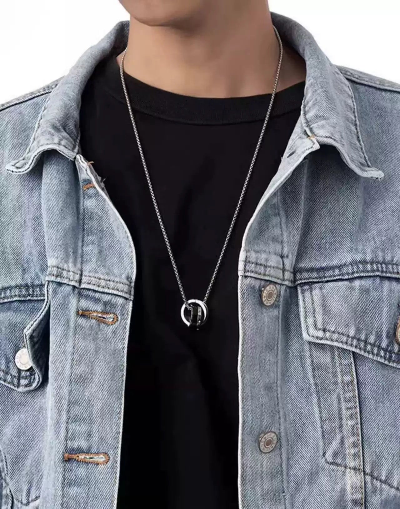 S925 Silver Double-Ring Men's Trendy Necklace & Cuban Titanium Steel Bracelet