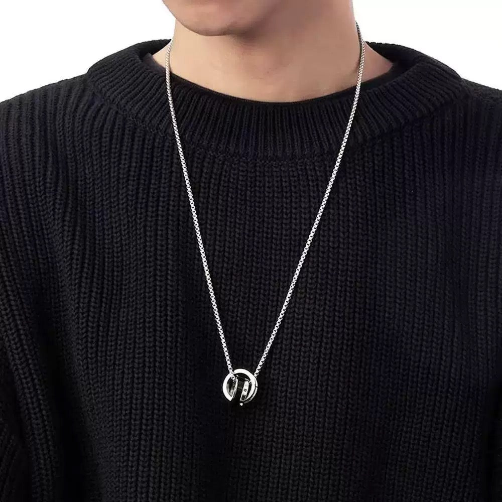 S925 Silver Double-Ring Men's Trendy Necklace & Cuban Titanium Steel Bracelet