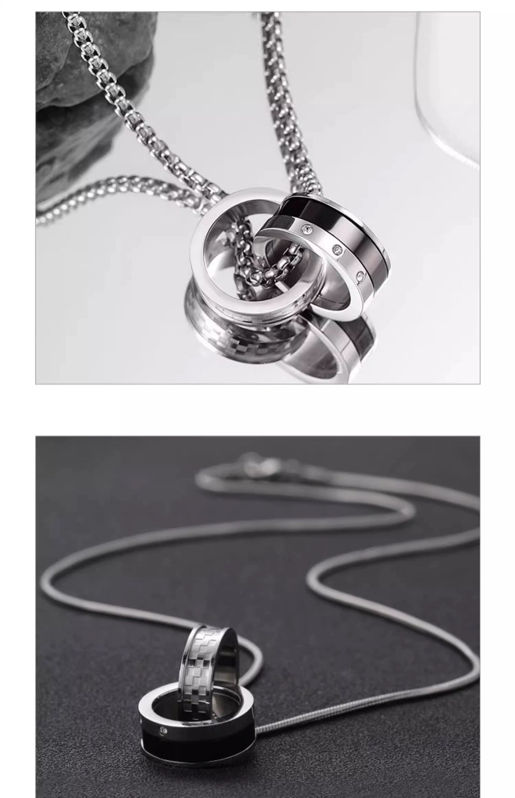 S925 Silver Double-Ring Men's Trendy Necklace & Cuban Titanium Steel Bracelet