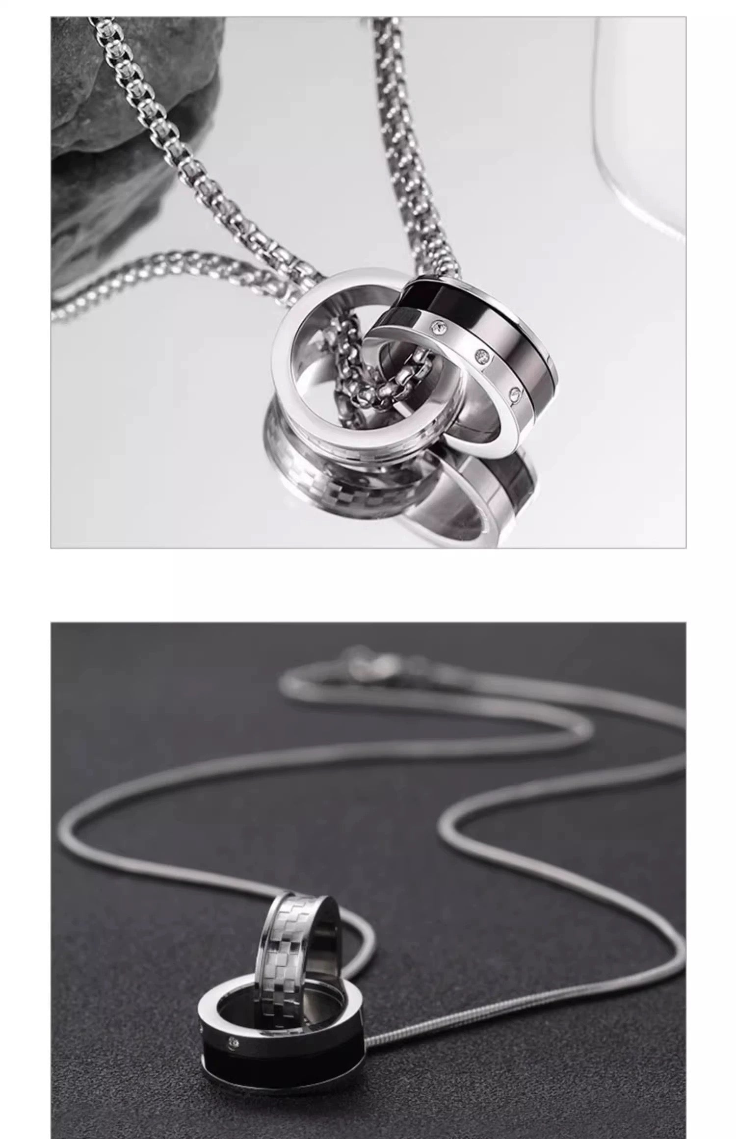 S925 Silver Double-Ring Men's Trendy Necklace & Cuban Titanium Steel Bracelet